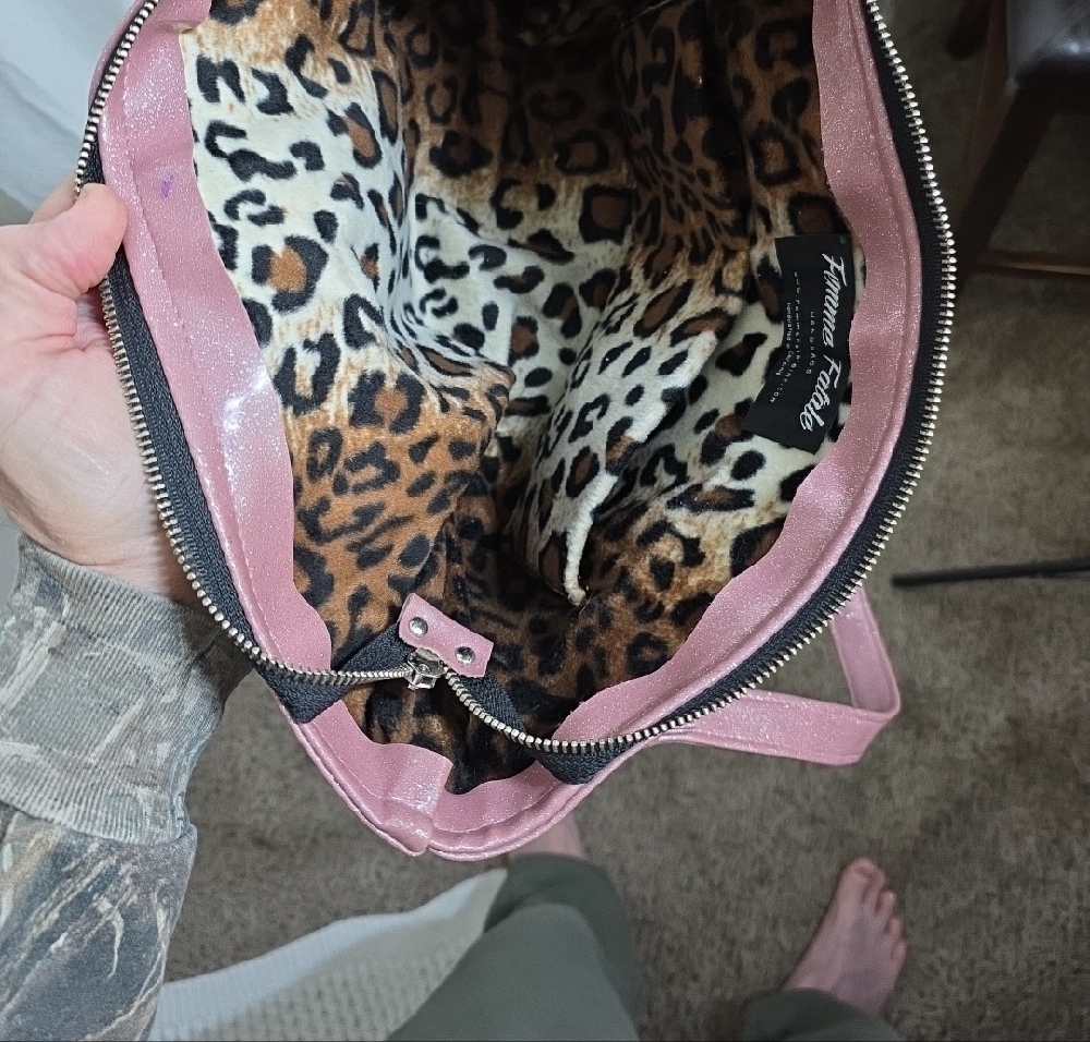 Femme Fatale Pink and Black Upholstery Quilted Women's Bag With Leopard Interior - Picture 3 of 5